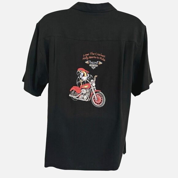 Luau Mens 100% Silk Embroidered Shirt M Motorcycle Biker Polly Wants to Ride - Picture 1 of 15